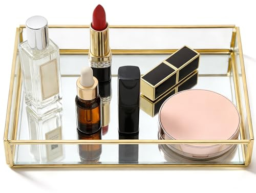 Bandeja De Maquillaje De Vidrio, 7,9x5,5In Antideslizante Bandeja Decorativa Dorada Organizador De Cosméticos Bandejas De Joyería Bandeje De Perfume para Tocador Bandejas Otomana para Tocador Baño