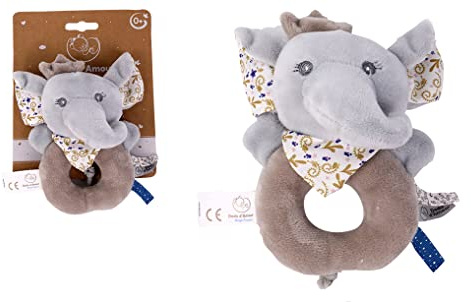 DODO D'AMOUR - Doudou Hochet - Éléphant - 032291 - Beige - Polaire - Naissance - Peluche - Bébé - 13 cm x 10 cm - À Partir de 0 mois