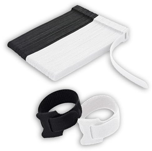 QZKJQDD 50 stycken kardborrband, buntband, återförslutningsbara, kardborrband, kabelband för kabelhantering, justerbart kardborrband för hemmakontor, kontor och kabelarrangör (svart + vit)
