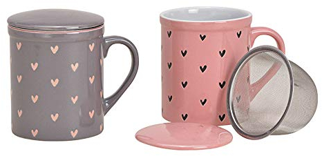 Juego de 2 de Tazas de Té con Filtro y Tapa | 2 Tazas de Té de Cerámica con decoración de Corazones en Color Rosa y Gris | Regalo para Parejas - Set de 2 Tazas de 340 ml
