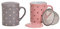 Juego de 2 de Tazas de Té con Filtro y Tapa | 2 Tazas de Té de Cerámica con decoración de Corazones en Color Rosa y Gris | Regalo para Parejas - Set de 2 Tazas de 340 ml