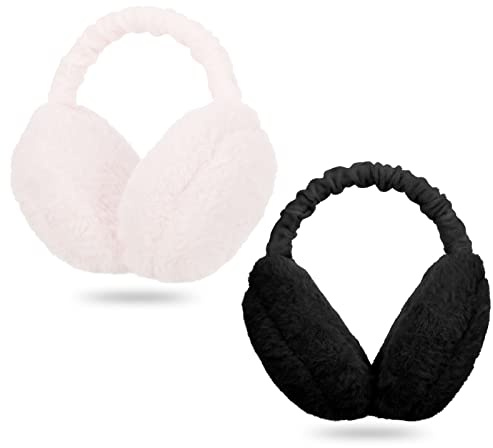 Halinuia 2 PiècesCache Oreilles Femme Réglable et Pliable,Hiver Rose Blanc Cache Oreilles en Peluche pour Femme Doux Chauds Protection Contre Cache Oreilles