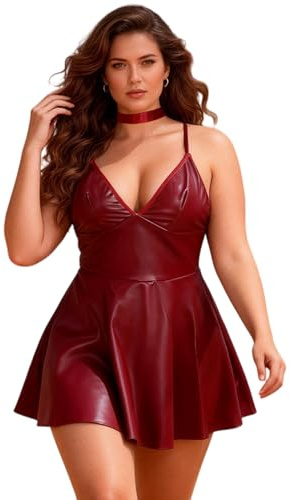 ohmydear Damklänning i konstläder miniklänning skater tight underkläder kväll V-ringning stretch bodycon PU läder klubb libertin plusstorlek sexig outfit wetlook