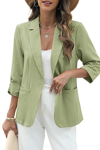 ELLEVEN Womens Linen Blazer 3/4 Ruched Sleeve Business Casual Outfits for Women Lightweight Fitted Dressy Suit Jackets Half Lining Trendy Spring Summer with Pockets Sage Green Large