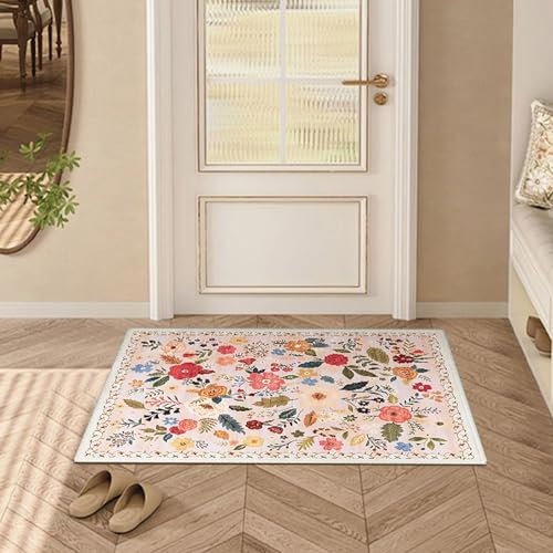 D-buy 2×3 Ft Washable Small Entryway Area Rugs, Front Door Mat Boho Indoor Machine Mat, Floral Rug Non Slip Low Pile Mat for Front Door Floor Bedroom Bedside Kitchen Nursery Kids Room Entry(Beige)