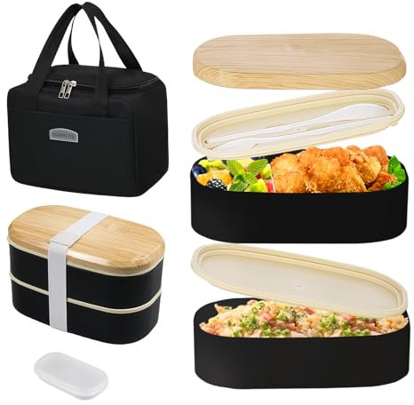 Resszo Bento Lunch Box 1500ML Double Couche, Boîte Repas Anti-Fuite avec Couverts + Sac Isotherme, pour Pique-Nique, Travail, École (Micro-Ondes/Lave-Vaisselle)