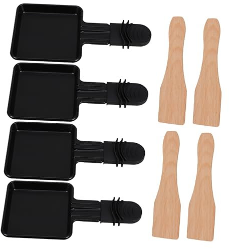 FELTECHELECTR Mini Cheese Melting Pan and Square Raclette Grill Set with 4 Handles and Wooden Spatulas, Household Kitchen Accessories for Cheese Melting and Barbecue, 4pcs Grill Tray Kit