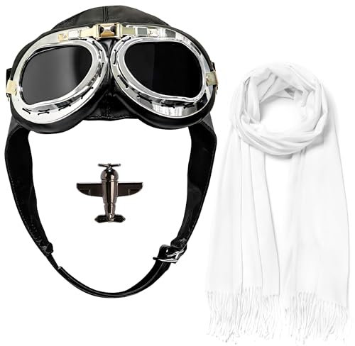 Horolam Set di occhiali da pilota, cappello da pilota, costume da pilota, accessori per costume da pilota, con spilla bianca, per uomini, donne e adulti