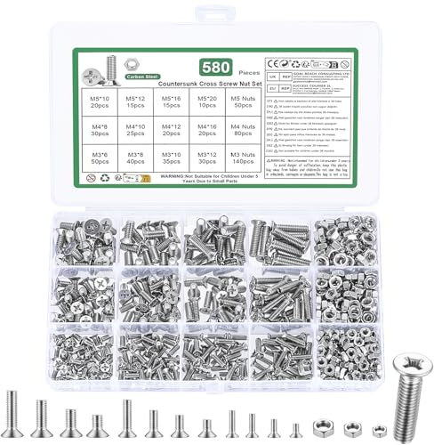 580 Stk M3 M4 M5 Schrauben Set, Senkkopfschrauben Muttern Set, Flachkopfschrauben und Muttern Set, Kreuzschlitz Maschinenschrauben Sortiment Kit mit Unterlegscheiben Set(Silber, M3 M4 M5)