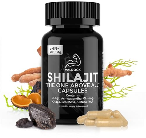 Shilajit 6-in-1 Capsules 4,000mg - 60 Days - Added Ashwagandha, Maca Root, Chaga, Ginseng & Sea Moss - High Strength Muscle Building & Performance Capsules for Men & Women