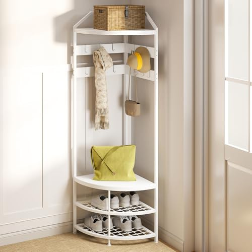 Youyijia 4-Tier Metall-Eck-Garderobenständer, freistehende Eck-Garderobe für den Flur, Flurgarderobe mit 10 beweglichen Haken und Holzablage für Flur, Schlafzimmer und Eingangsbereich (Weiß)