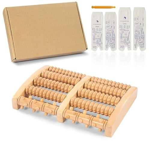 Cretosou Fußmassagegerät & 2 Paar Reflexology Socks, Fußmassageroller Holz Fußmassagegerät Foot Massager, Akupressur Socken Akupunkt-Socken Druckpunkt-Socken Reflexology Sock with Massage Tool