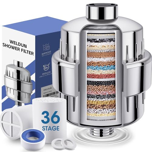 WELDUN Filtre de douche à 36 étapes avec vitamine C, filtre pour eau dure, filtre d’eau de voyage portable avec 1 cartouche remplaçable, filtre de pommeau de douche pour éliminer le fluor, les