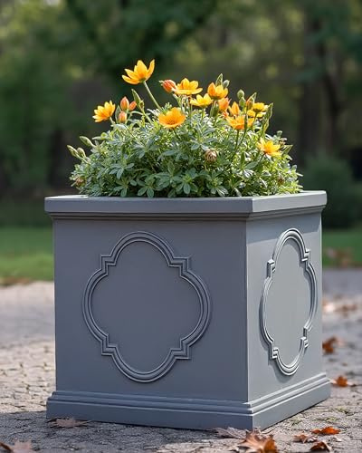 IDEALIST 45cm Large Square Plant Pot | Leaden Grey Reinforced Stone Garden Planter with Drainage | Faux Lead Windsor Flower Box L45 W45 H45 cm, 91 litres