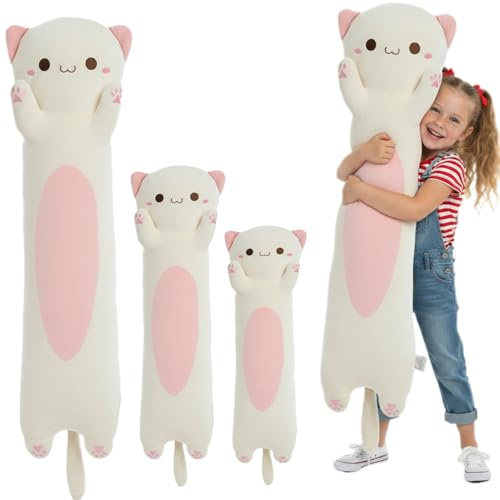 Kekeso Lungo Peluche Gatto - Cuscino Morbido Gatto per Bambini & Adulti, Kawaii Cuscino a Corpo di Gatto, Regalo Carino per Amanti dei Gatti (Crema, Occhi rotondi, 60cm/23.62inch)