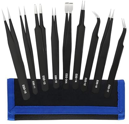 9 piezas pinzas pinzas de precisión ESD, pinza modelismo incluida estuche de acero inoxidable pinzas antiestáticas punta fina para la joyería electrónica reparación de equipos laboratorio