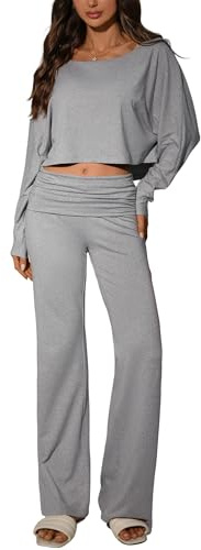 TFNOSIZE Women’s 2 Piece Lounge Set, Long Sleeve Off Shoulder Top & Wide Leg Pants – Soft, Stretchy Outfit for Home & Travel