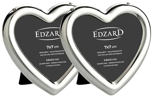 EDZARD Set de 2 mini marcos de fotos corazón para foto 7 x 7 cm, plateado noble, antimanchas, con trasera de terciopelo, marco de fotos de pie