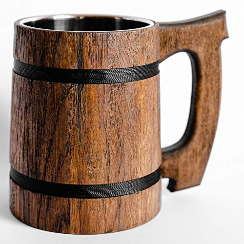 Old Style Viking Beer Tankard - Wooden Handmade Retro Brown Cup, Oak Beer Tankard - Eco Friendly Beer Mug for Men, Great Gift Idea