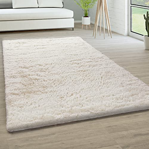 Paco Home Hochflor Teppich Wohnzimmer rutschfest Fellteppich Shaggy Flauschig Weich Modern Kunstfell Fell Imitat Einfarbig, Grösse:140x200 cm, Farbe:Ivory (Creme)