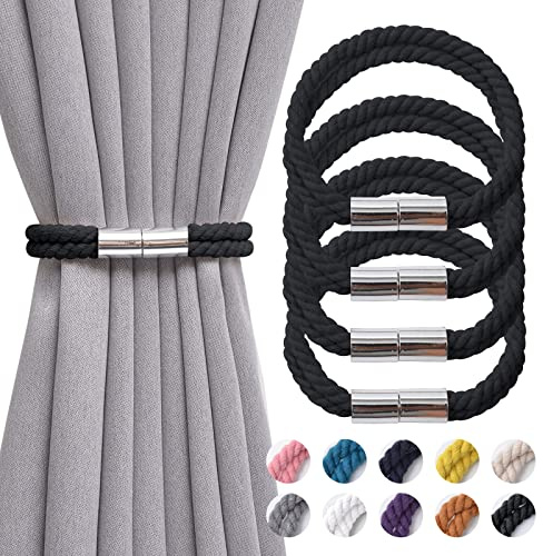 Pretty Jolly 4-pack starka magnetiska gardinbindningar boho-dekoration draperi knytband naturlig bomull handgjorda dubbla rep gardinhållare för tunt eller tjockt hem och kontor fönsterdraperi (svart)