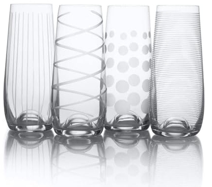 Mikasa Cheers Stemless Flutes, Set of 4-7.5 Oz Crystal Champagne Glasses with Playful Dot, Line & Swirl Designs - Unique Toasting Glassware for Sparkling Wine & Cocktails, Lead-Free