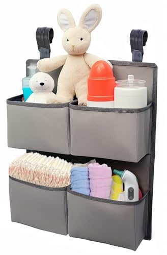 KIKJOK Wickel-Organizer zum Aufhängen für Kinderbett/Laufstall/Stubenwagen – für 80+ Windeln – 4 tiefe Taschen – H 48 cm x L 38 cm in Wickeltisch-Windelhalter – Hängender Windelstapler Kinderzimmer