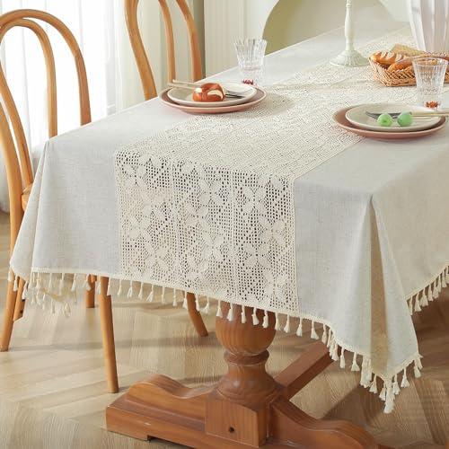 meioro Nappe Crochetée Rectangulaire, 140x180cm Nappe de Table Lavable Tassel, Table Cloth Bohème en Dentelle Beige Moderne pour Mariage pour Cuisine Salle à Manger Intérieur