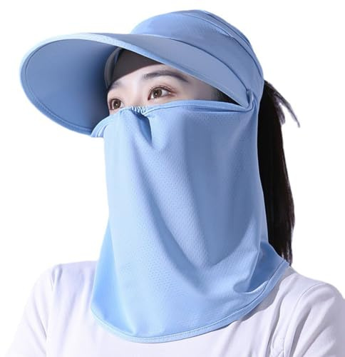 Cappello da sole estivo con maschera facciale staccabile, da donna, con visiera larga e bordo anti-UV, berretto parasole sportivo, cappello di protezione solare traspirante per moto, bicicletta,