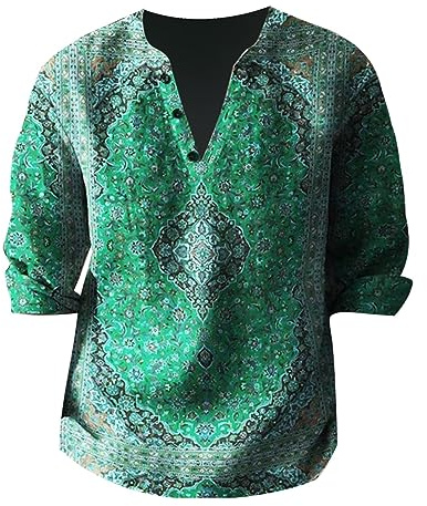 Linen Shirt Men's Short Sleeve Relaxed Fit Henley Shirt Men Retro Ethnic Casual Shirt Summer Beach Patterned Grandad Shirt Men's Stand-Up Collar Long Sleeve Shirt with Floral Print