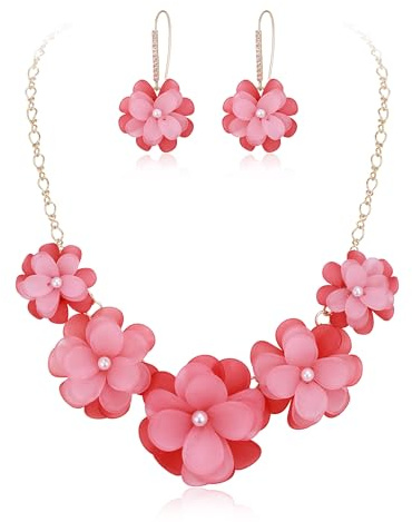 Ever Faith Pink Flower Statement Necklace Boho Summer Holiday Beach Jewellery Floral Flower Collar Necklaces with Earrings for Women