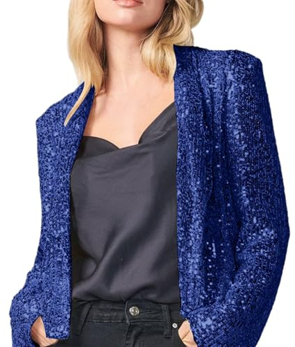 EMUKFD Giacche da donna con paillettes aperto sul davanti blazer cardigan casual manica lunga party club concerto scintillante cappotto elegante S-XXL, Marina Militare, XXL