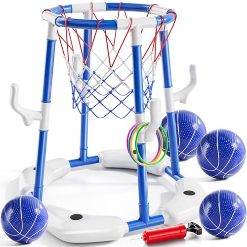NIPLOOOW Pool Basketball Hoop, 2-in-1 Floating Pool Toys Ring Game with 4 Balls and Pump, Outdoor Swimming Pool Basketball Games Water Play Toy Family Party for Kids Adults Age 3-12 (Blue)