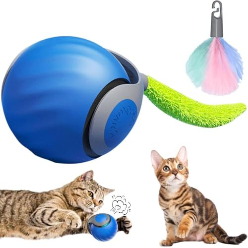 Poxtedsr Balle de Jouets interactifs pour Chats d'intérieur, Jouet Interactif pour Chien et Chat, Balle Roulante Automatiqu avec Queue Duveteuse (Bleu)