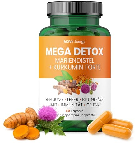 MOVit Mega Detox Mariendistel + Curcumin FORTE, Mit 200 mg Silymarin & 300 mg Curcumin, Angereichert mit Piperin, Für Leberfunktion, Entgiftung & Immunsystem - 60 vegane Kapseln