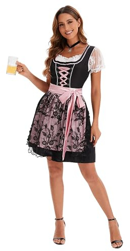 Velcoxplay Dirndl Robe midi/traditionnelle, pour femme, avec dentelle, chemisier Dirndl, tablier Dirndl, 3 pièces, pour fête de la bière, carnaval