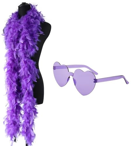 Bodeshis Purple Feather Boa, 2M Long Feather Boa with Purple Sunglasses, Costume Accessories for Parties, Performances, Weddings and Celebrations