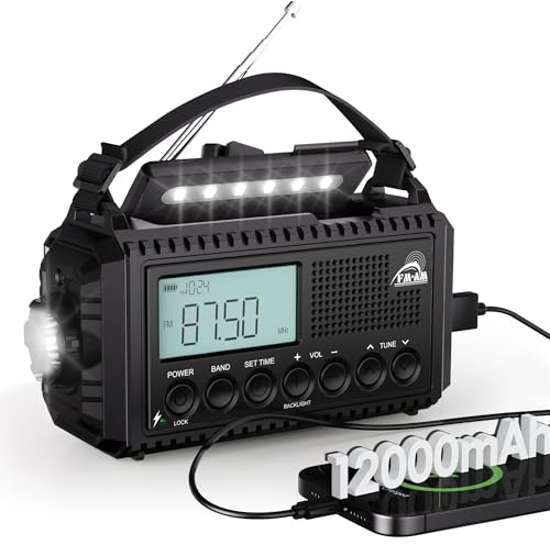 AM/FM/SW Baustellenradio, Kurbelradio mit Weltempfänger, Notfallradio Typ C Anschluss, Powerbank/SOS-Alarm/Taschenlampe/Leselicht/IPX4, Tragbare Outdoor Radio für Wandern, Camping, Baustellet