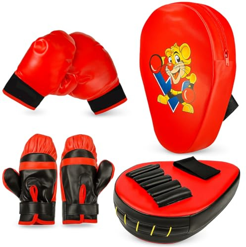 Toyana Kids Boxing Gloves and Pad Set, Adjustable Fit Junior Mitts for Sparring Punch Bag, Kickboxing, Muay Thai Practice, Punching Workout Fitness Sports Gift for Boys Girls
