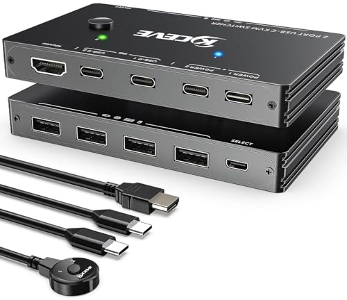 Conmutador KVM USB-C para 2 Computadoras Tipo-C, Conmutador KVM USB Tipo-C Soporta 4K @ 60Hz, Comparte Teclado, Ratón y Monitor, Soporta Carga Rápida PD de 87 W