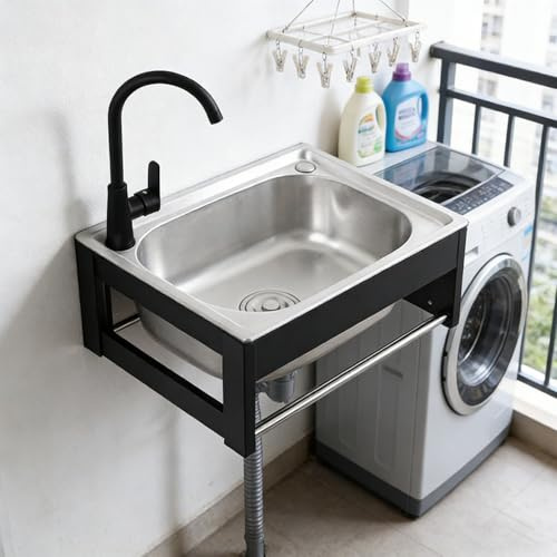 Lavabo a vasca singola montato a parete -Vasca multiuso for lavanderia, rubinetto incluso, profondità del lavandino di 18 cm, con ripiano in alluminio nero(50 * 40 * 21cm)