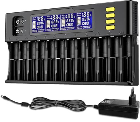 Aofesel Batteriladdare 18650, laddare med 12+2 fack med LCD-skärm - universell snabbladdare för batterier 18650, 21700, 26650, AA, AAA, Li-ION, LiFePO4, Ni-MH och Ni-CD