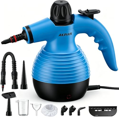 AKPIAN Handånga Cylinderånga 1050 W - Set med 10 tillbehör - Multifunktionsånga - För rengöring utan kemikalier av fogar, fönster, spishällar, rummar