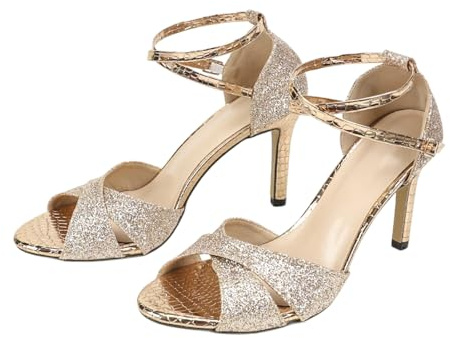 LLXYYD Sandali Donna Scintillanti Con Fasce Incrociate, Stiletto Punta Aperta, Scarpe Con Fibbia Alla Caviglia Per Sposa, Balli E Feste(A,37 EU)