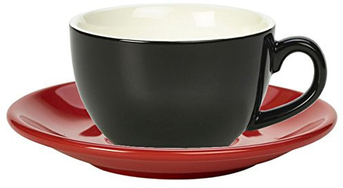 Genware Royal Black Cappuccino Cup and Red Saucer 12oz / 340ml - Set of 6 - Coffee Cup with Saucer