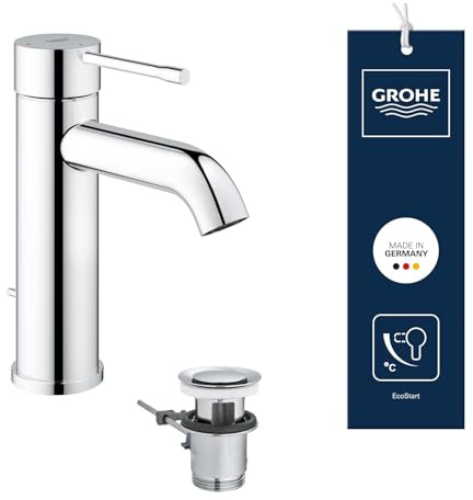 GROHE Essence, energiesparende Waschtischarmatur, Kaltwasser in Mittelstellung (Wasserhahn für Waschbecken im Bad, 17cm hoch, mit Zugstangen-Ablauf, wassersparend), chrom, 23591001