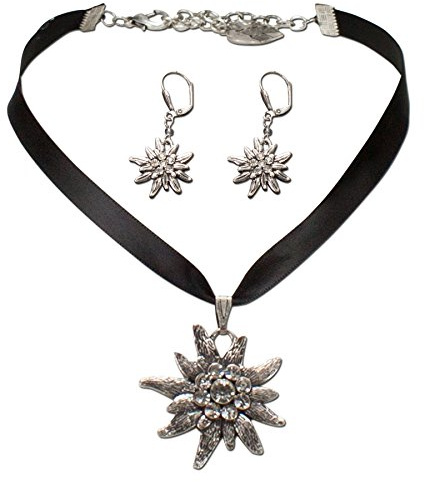 Alpenflüstern Traditional bavarian jewelry set satin ribbon necklace and earrings rhinestone Edelweiss, Ladies costume jewelry, traditional german flower pendant, Dirndl, Oktoberfest (black)