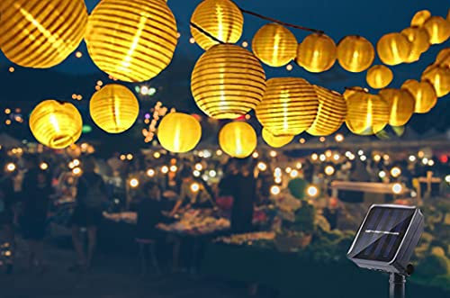 Eqosun® Solar Lampion Lichterkette 30 LEDs warmweiß +UPGRADE XL-PANEL + EXTRA 4 Meter Zuleitung schwarzes Kabel-wetterfest, austauschbare Akkubatterien
