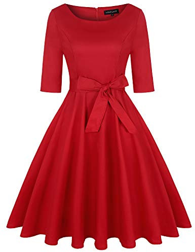 MINTLIMIT Women's Vintage Flower Audrey Dress 1950s Retro Cocktail Dress with Belt and Pockets(Plain Red,Size L)
