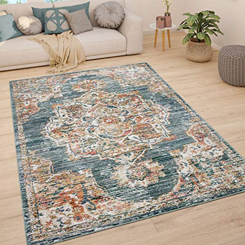 Paco Home Teppich Wohnzimmer Kurzflor Schlafzimmer Moderne Vintage Orient Ornament Muster Pastell Bordüre, Grösse:60x100 cm, Farbe:Türkis